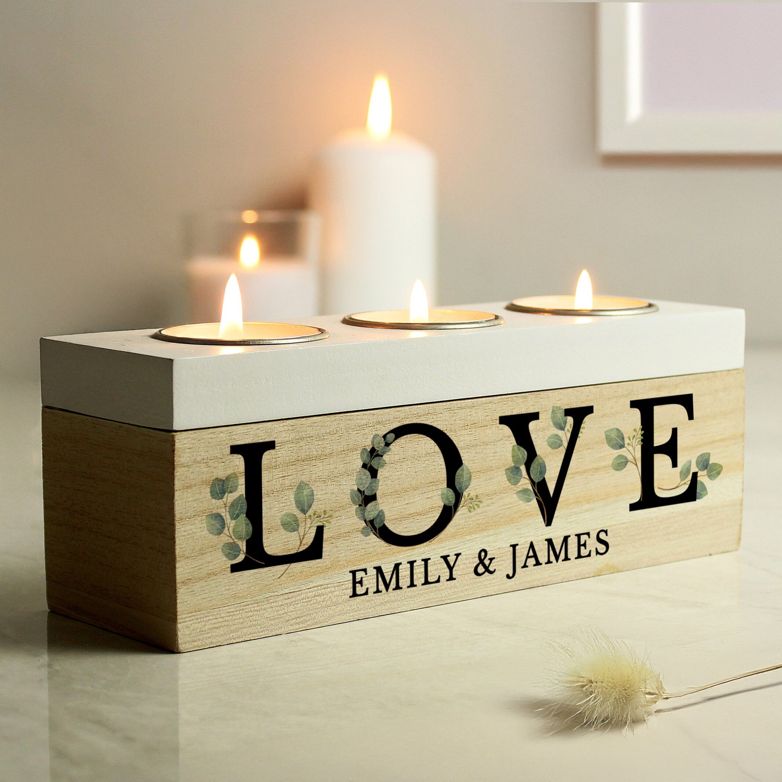 P1011F32 Personalised 'Love' Botanical Design Wooden Triple Tea Light Candle Box Personalised 'Love' Botanical Design Wooden Triple Tea Light Candle Box - Image 1