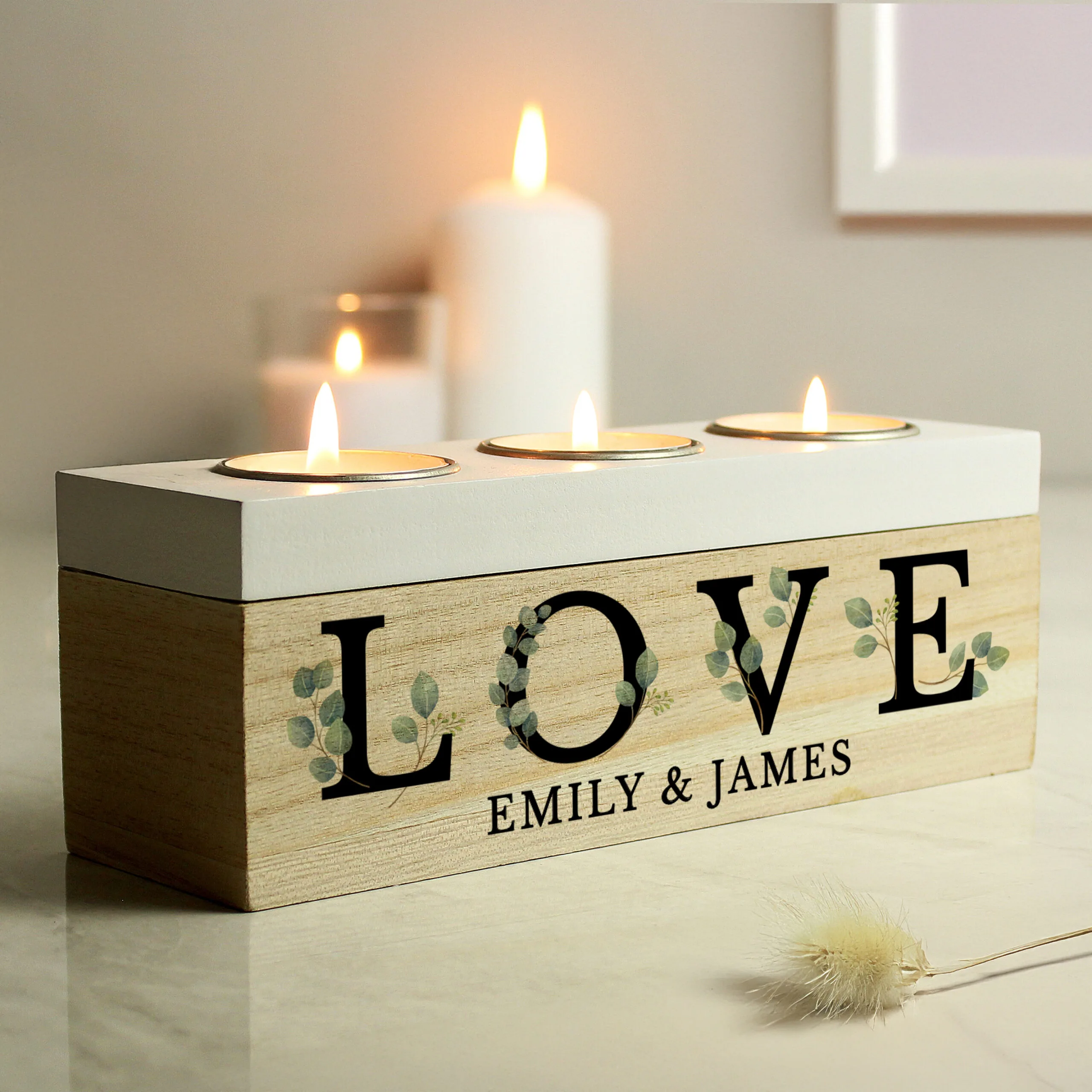 Personalised 'Love' Botanical Design Wooden Triple Tea Light Candle Box - Image 1