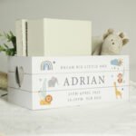 Personalised New Baby Safari Animals Design Small White Wooden Storage Crate