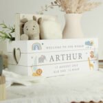 Personalised New Baby Safari Animals Design Small White Wooden Storage Crate - Image 3