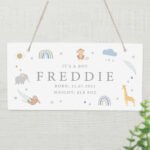 Personalised New Baby Safari Animals Design Hanging Wooden Sign