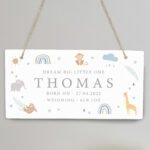 Personalised New Baby Safari Animals Design Hanging Wooden Sign - Image 2