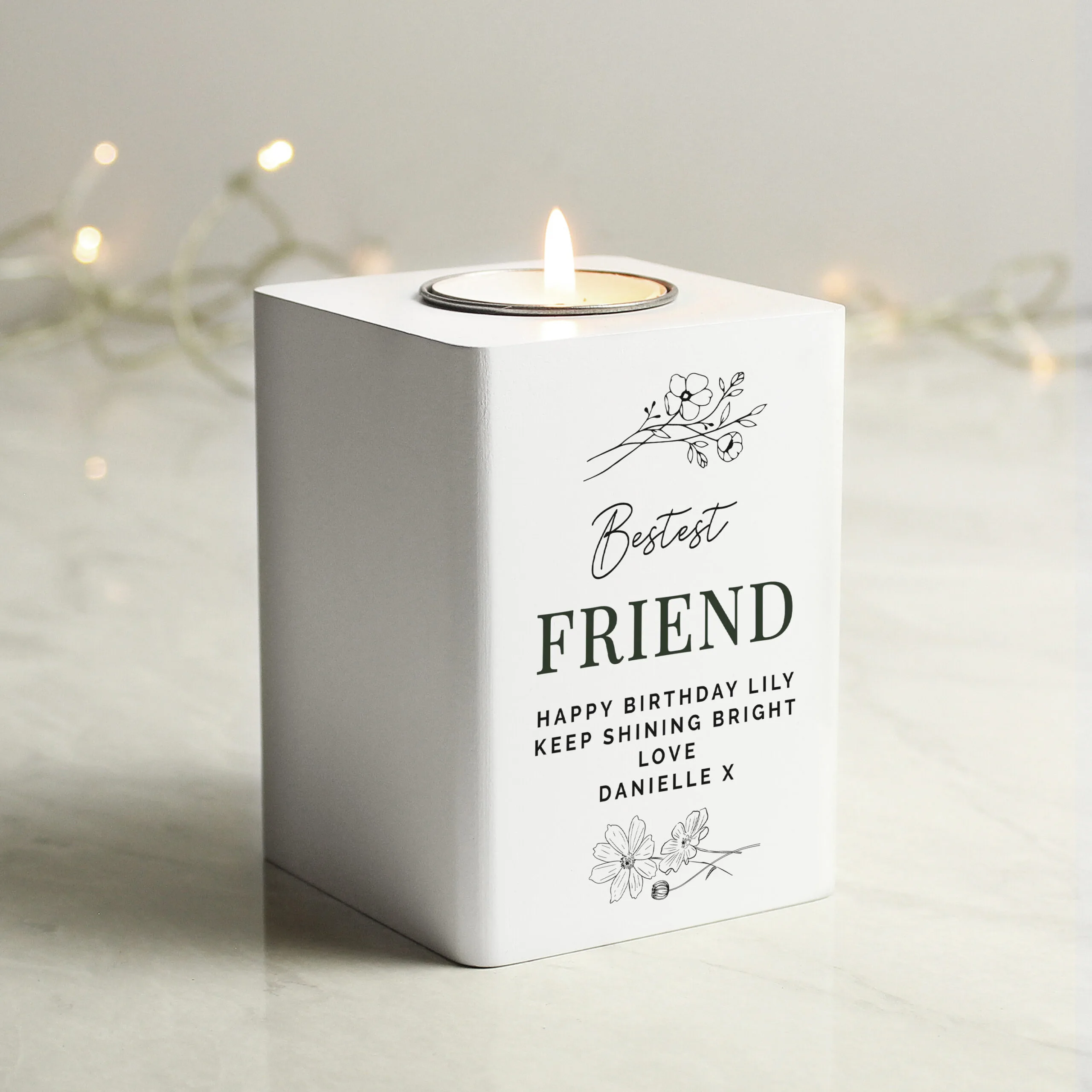 Personalised Any Message Floral Design White Wooden Tea Light Candle Holder - Image 3