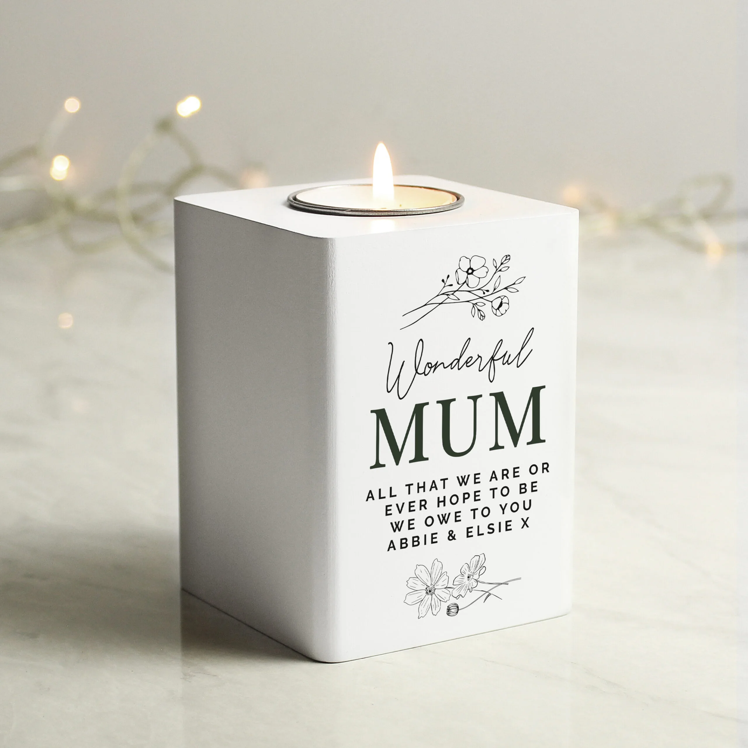 Personalised Any Message Floral Design White Wooden Tea Light Candle Holder - Image 7