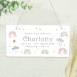 Personalised New Baby Pastel Rainbow Design Hanging Wooden Sign