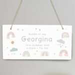 Personalised New Baby Pastel Rainbow Design Hanging Wooden Sign - Image 2