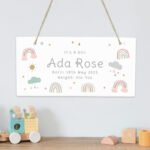 Personalised New Baby Pastel Rainbow Design Hanging Wooden Sign - Image 3