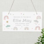 Personalised New Baby Pastel Rainbow Design Hanging Wooden Sign - Image 4