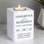 Personalised Couples Wedding/Anniversary White Wooden Tea Light Candle Holder