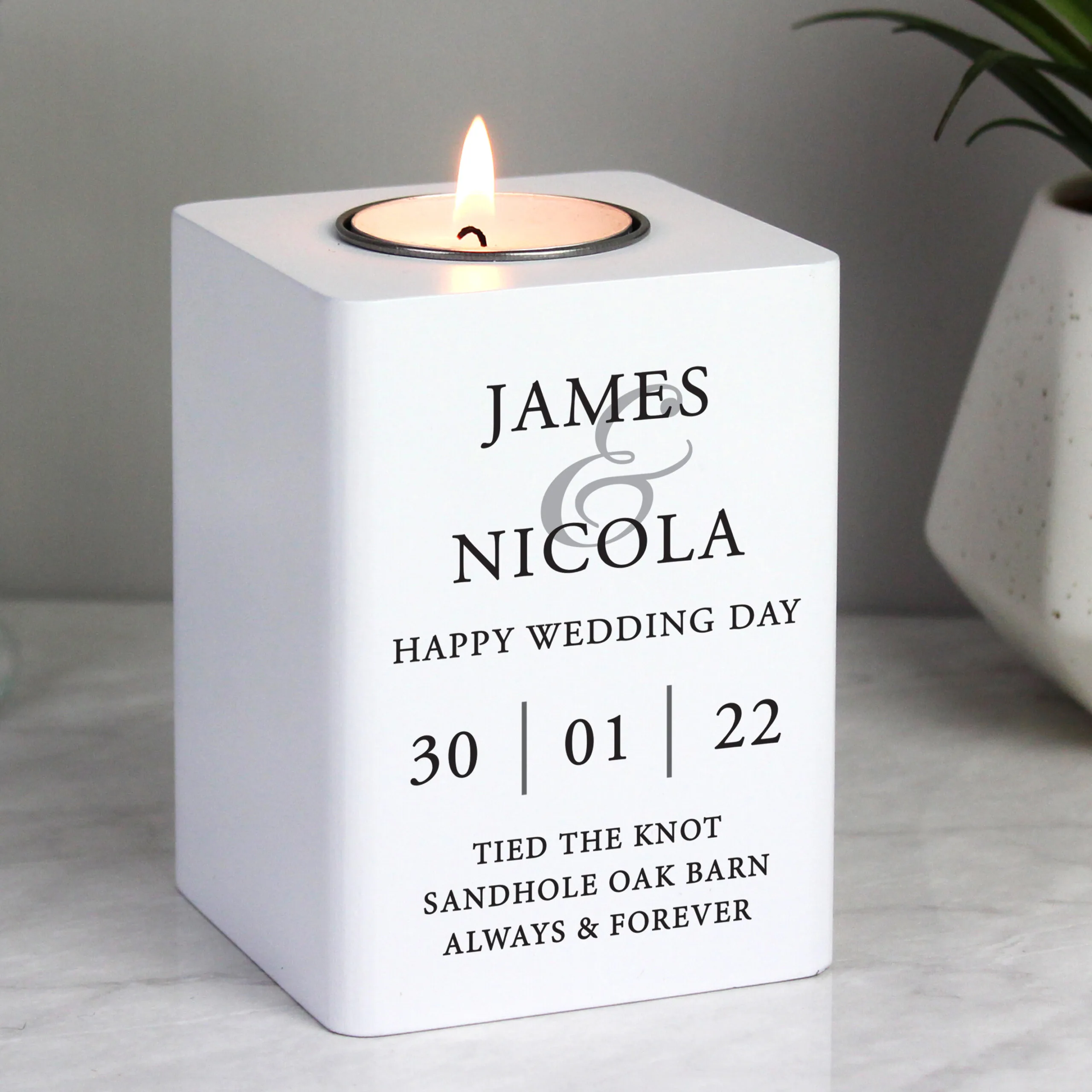 Personalised Couples Wedding/Anniversary White Wooden Tea Light Candle Holder - Image 3