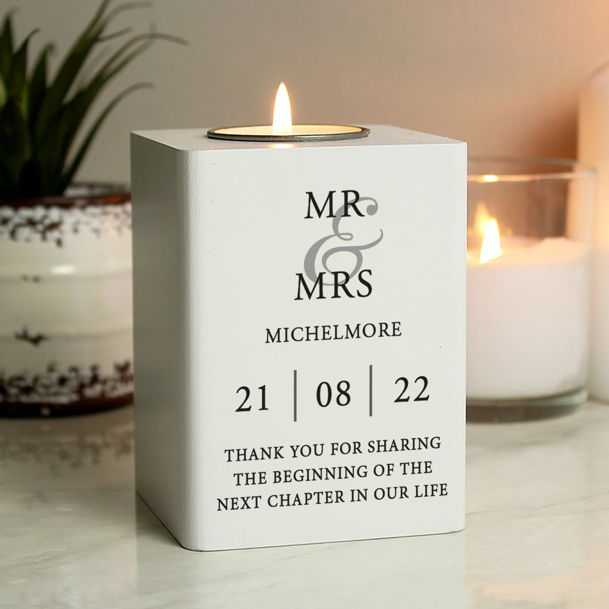 Personalised Couples Wedding/Anniversary White Wooden Tea Light Candle Holder - Image 4
