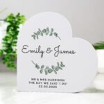 Personalised Any Message Botanical Design Free Standing Grey Wooden Heart Ornament