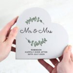 Personalised Any Message Botanical Design Free Standing Grey Wooden Heart Ornament - Image 3