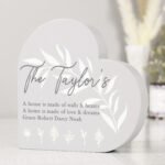 Personalised Any Message Leaf Decor Free Standing Grey Wooden Heart Ornament