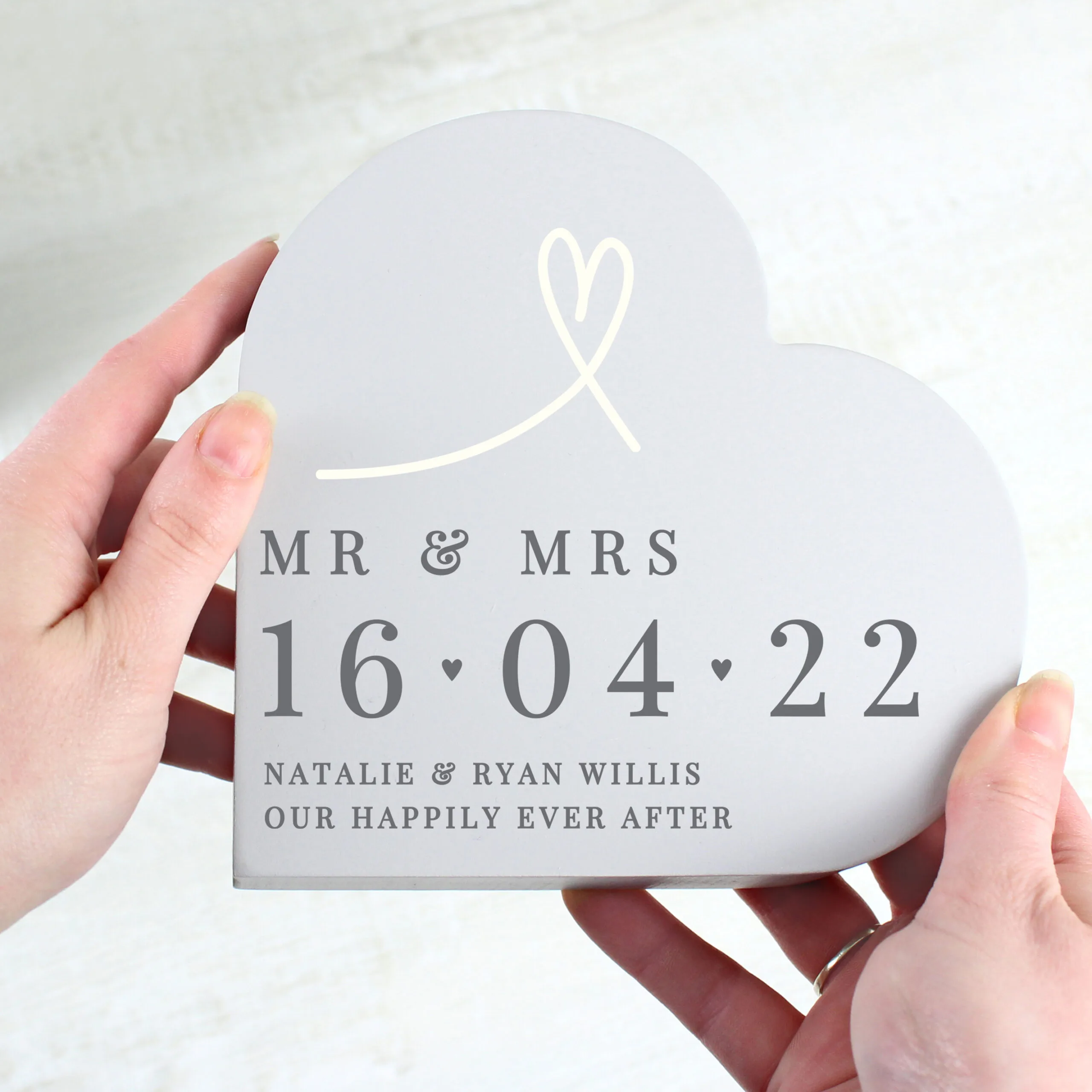Personalised Heart Motif Free Standing Grey Wooden Heart Ornament - Image 2