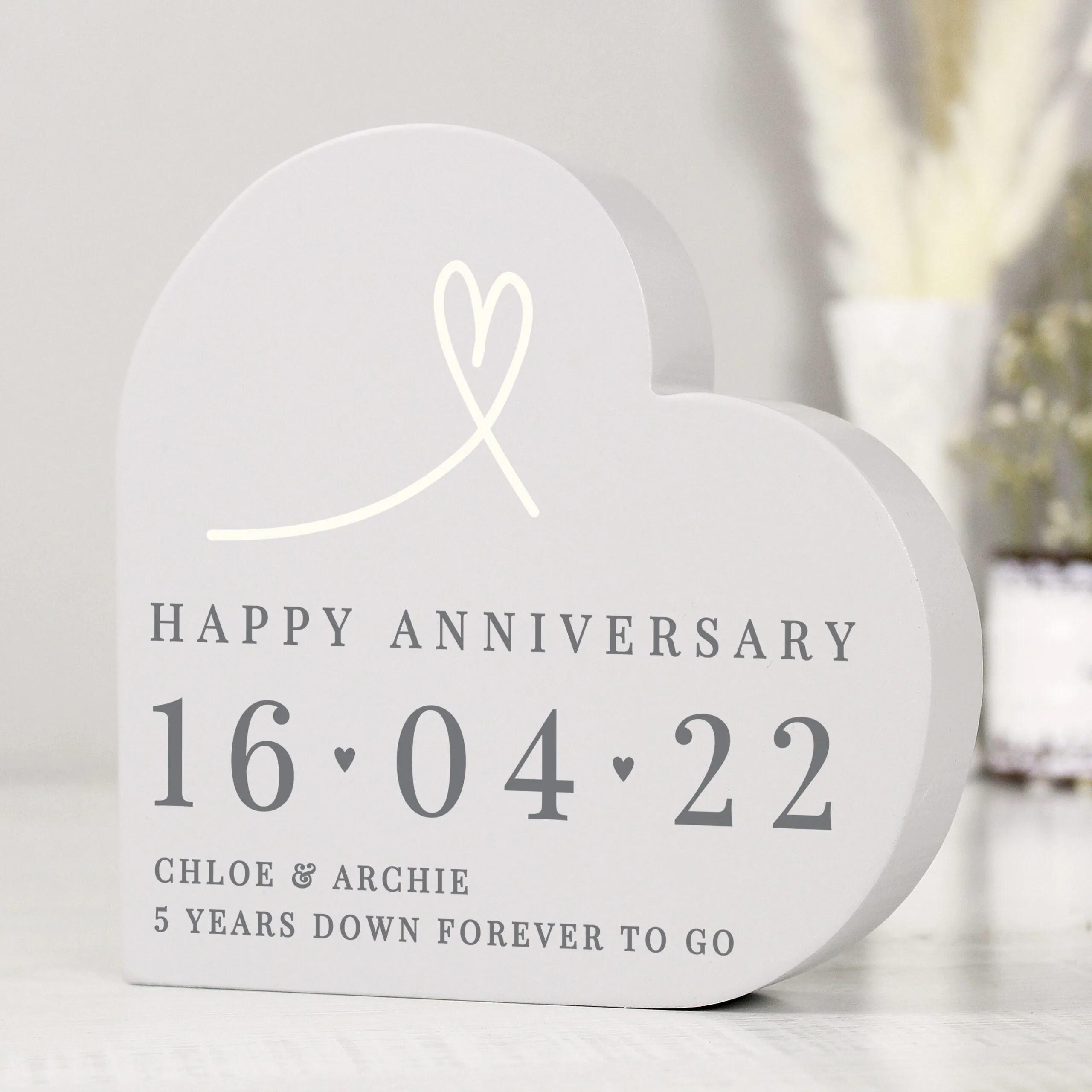 Personalised Heart Motif Free Standing Grey Wooden Heart Ornament - Image 4