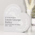 Personalised 'Always On My Mind' Feather Motif Free Standing Grey Wooden Heart Ornament - Image 3