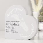 Personalised 'Always On My Mind' Feather Motif Free Standing Grey Wooden Heart Ornament - Image 4