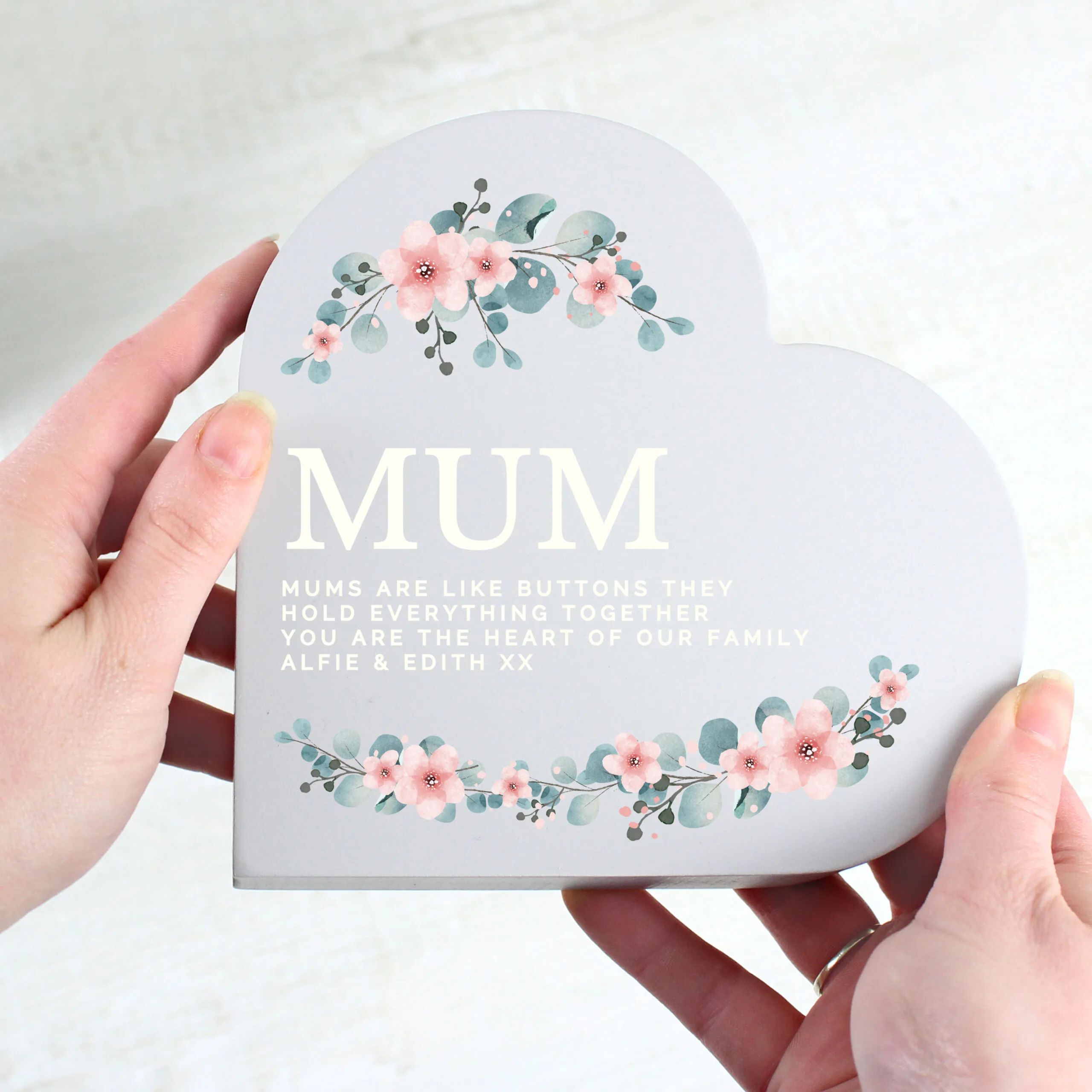 Personalised Floral Design Free Standing Grey Wooden Heart Ornament - Image 2
