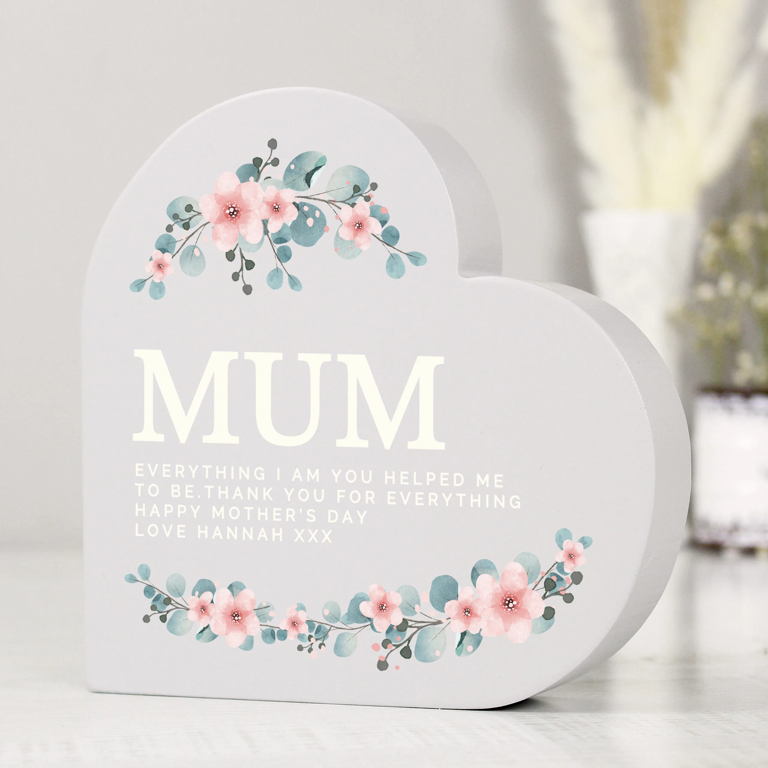Personalised Floral Design Free Standing Grey Wooden Heart Ornament - Image 3