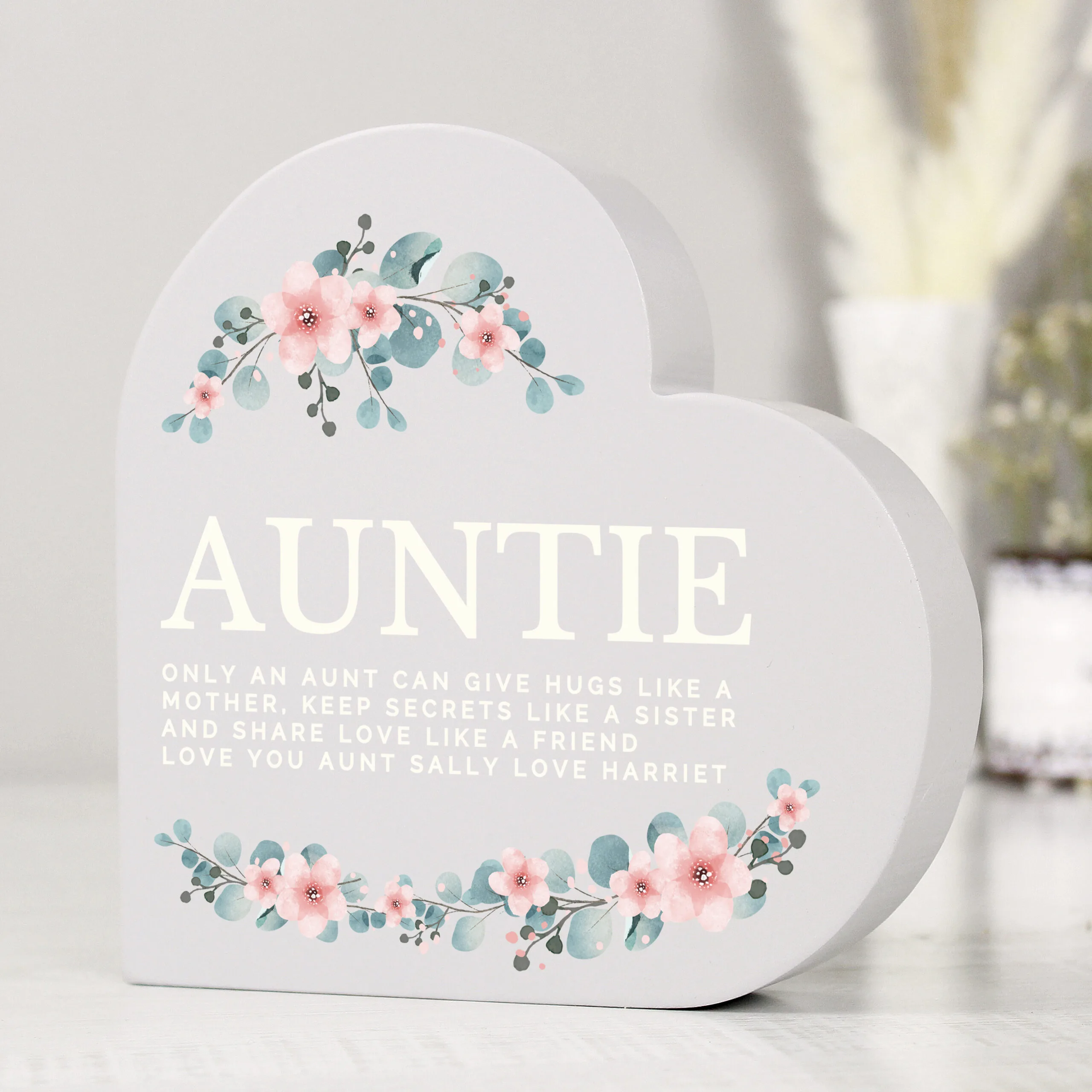 Personalised Floral Design Free Standing Grey Wooden Heart Ornament - Image 4