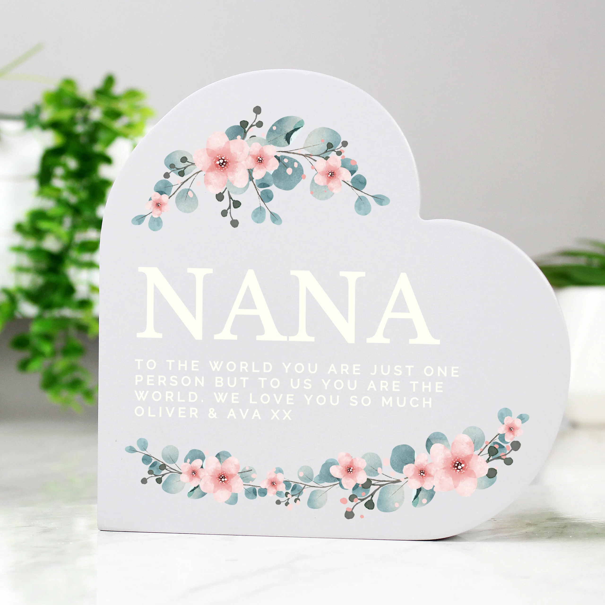 Personalised Floral Design Free Standing Grey Wooden Heart Ornament - Image 7