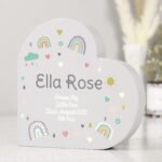 Personalised Rainbows & Hearts Design Free Standing Grey Wooden Heart Ornament