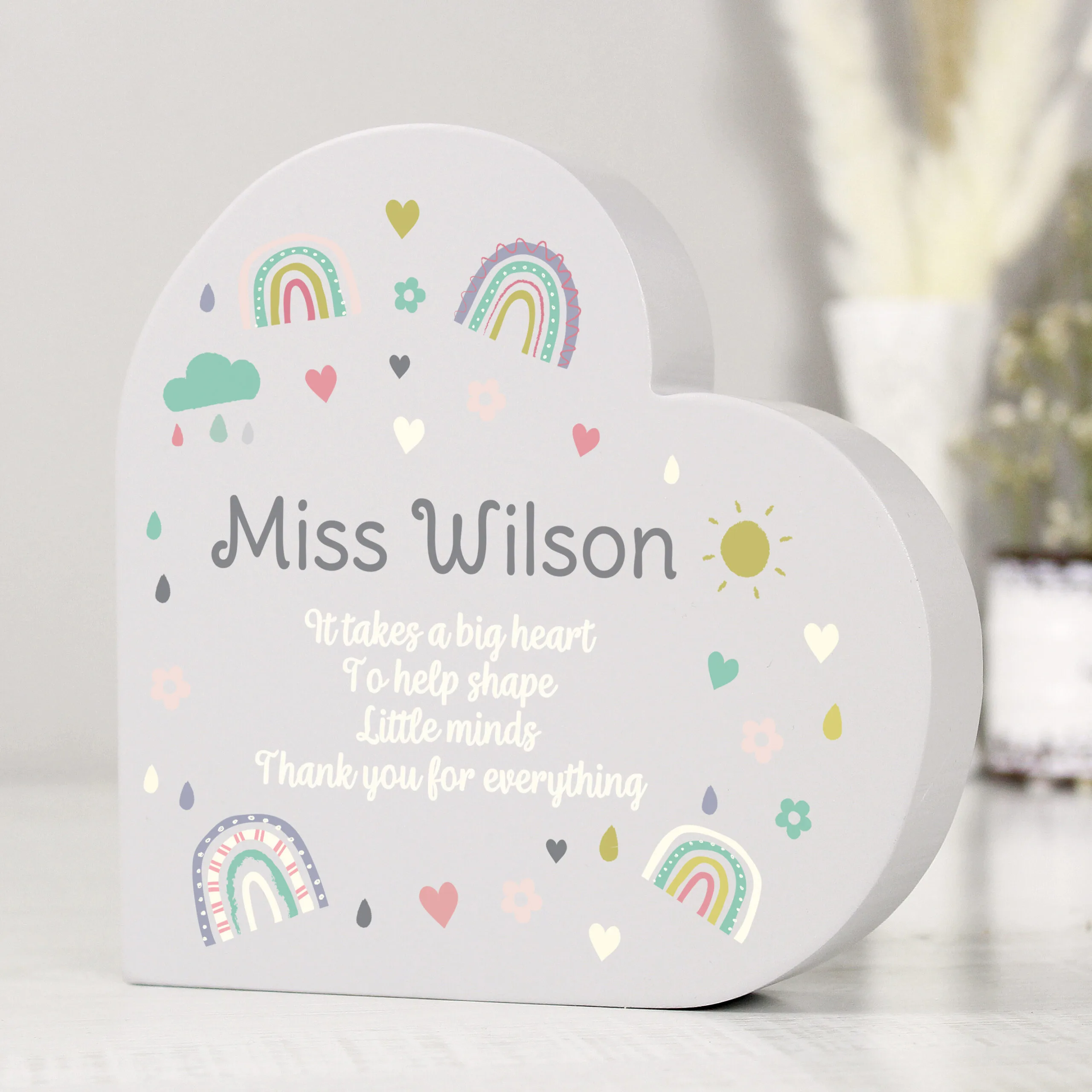 Personalised Rainbows & Hearts Design Free Standing Grey Wooden Heart Ornament - Image 2
