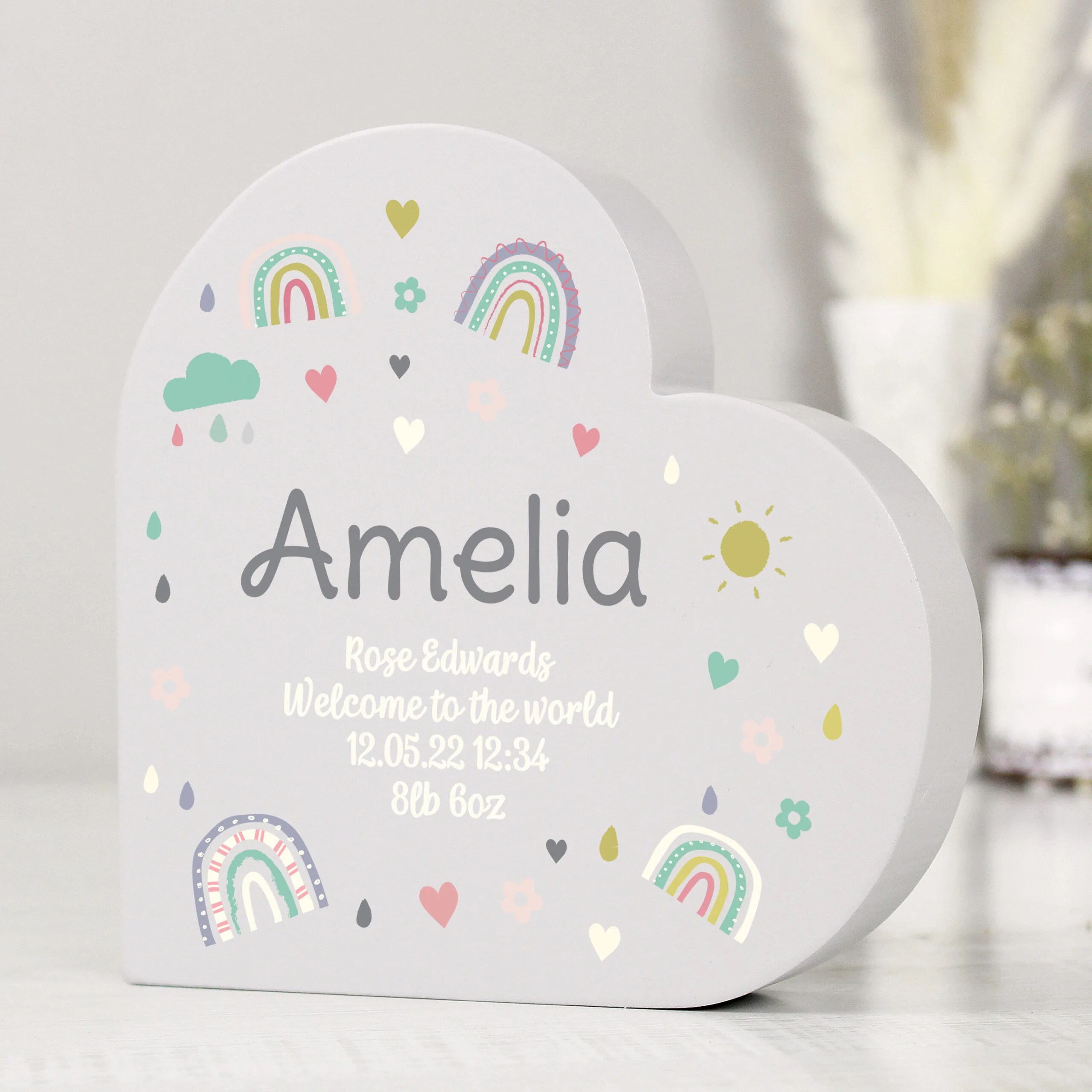 Personalised Rainbows & Hearts Design Free Standing Grey Wooden Heart Ornament - Image 5