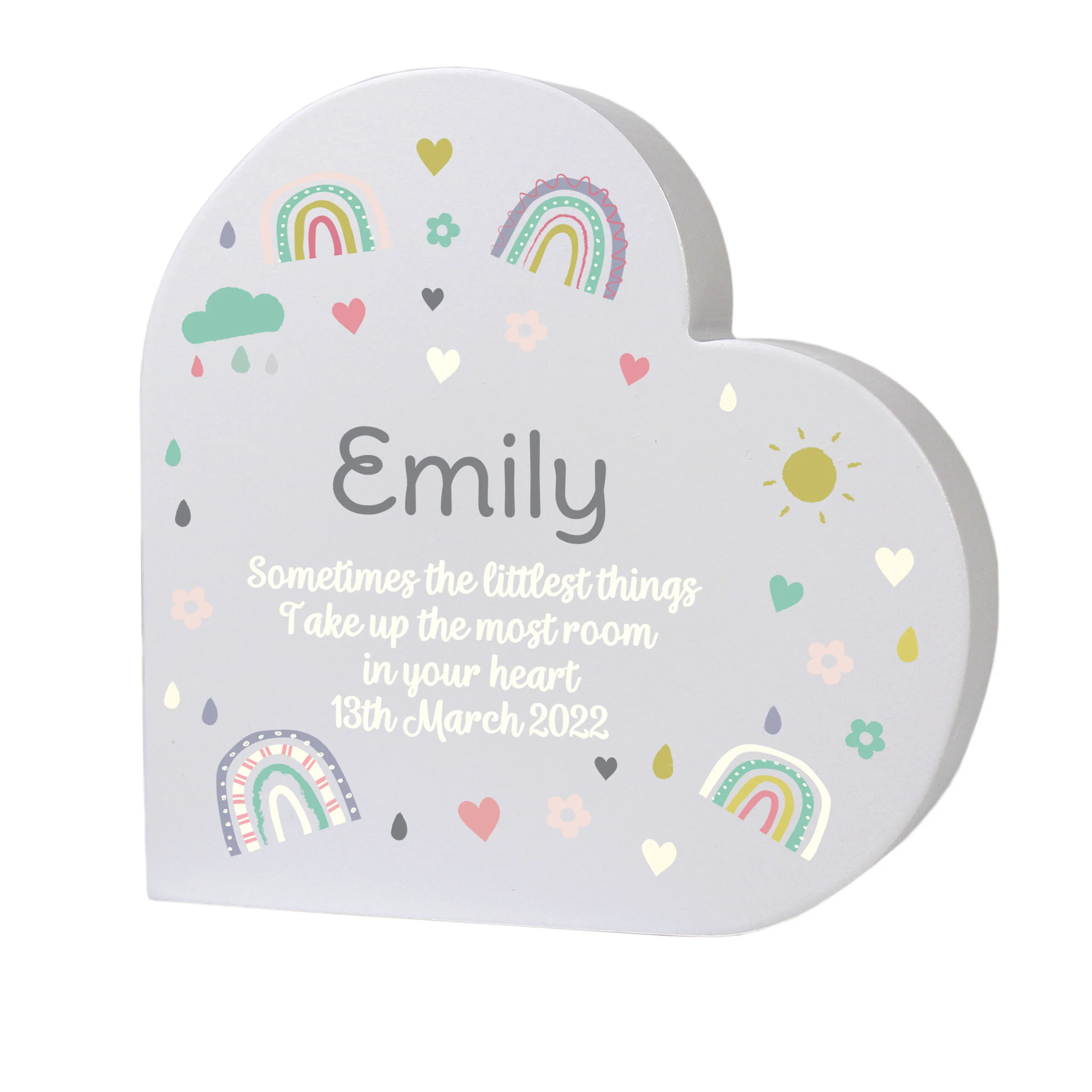 Personalised Rainbows & Hearts Design Free Standing Grey Wooden Heart Ornament - Image 3