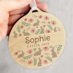 Personalised Floral Easter Bunny Design Hanging Round Wooden Decoration - Image 2