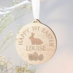 Personalised Easter Bunny & Eggs Design Hanging Round Wooden Decoration