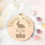 Personalised Easter Bunny & Eggs Design Hanging Round Wooden Decoration - Image 4
