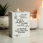Personalised 'Life & Love Remembered' White Wooden Tea Light Candle Holder
