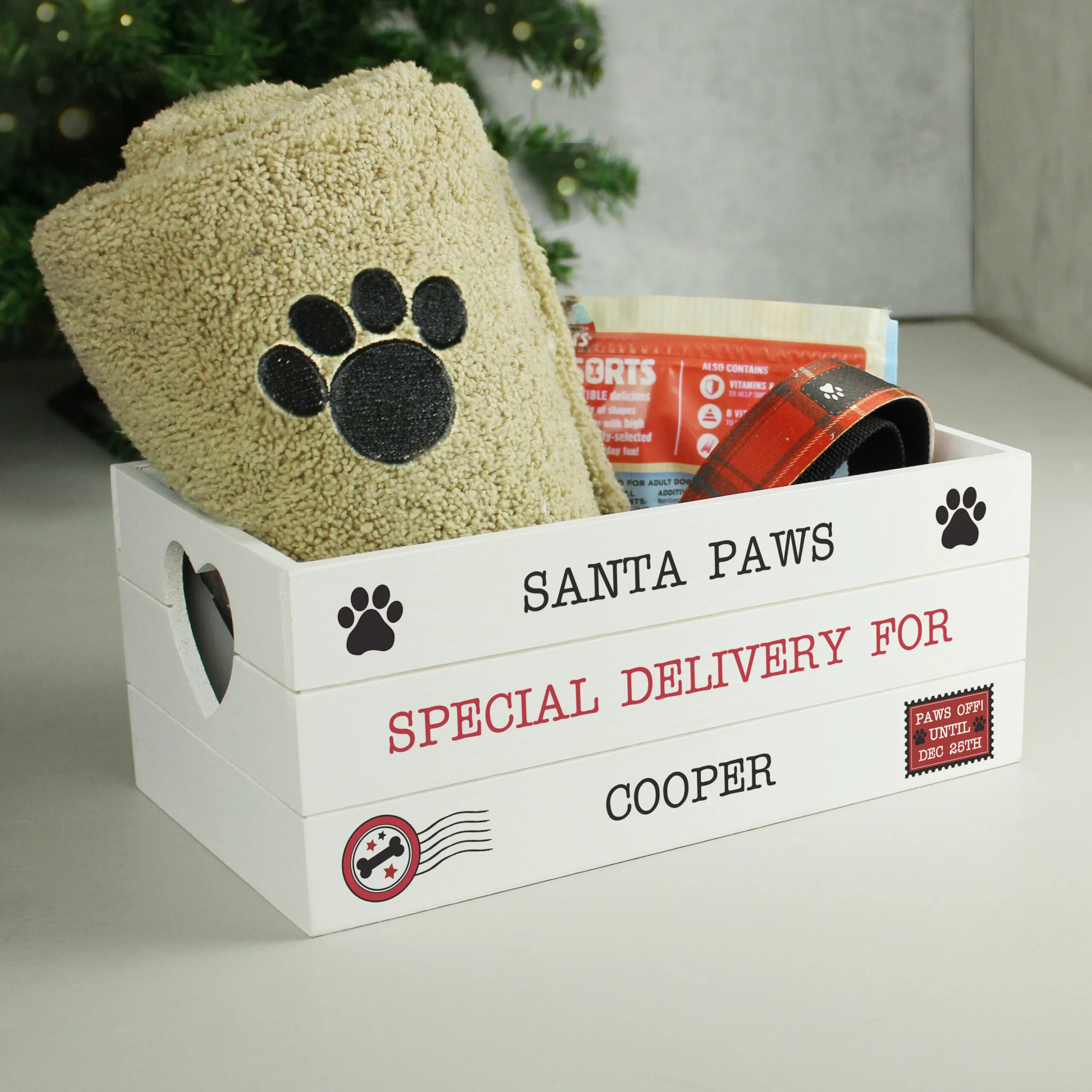 Personalised 'Santa Paws Special Delivery' Christmas Small White Wooden Storage Crate - Image 2