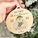 Personalised The Snowman 'My First Christmas' Round Wooden Christmas Decoration - Image 2