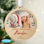 Personalised Tiny Tatty Teddy Photo Upload Round Wooden Christmas Decoration