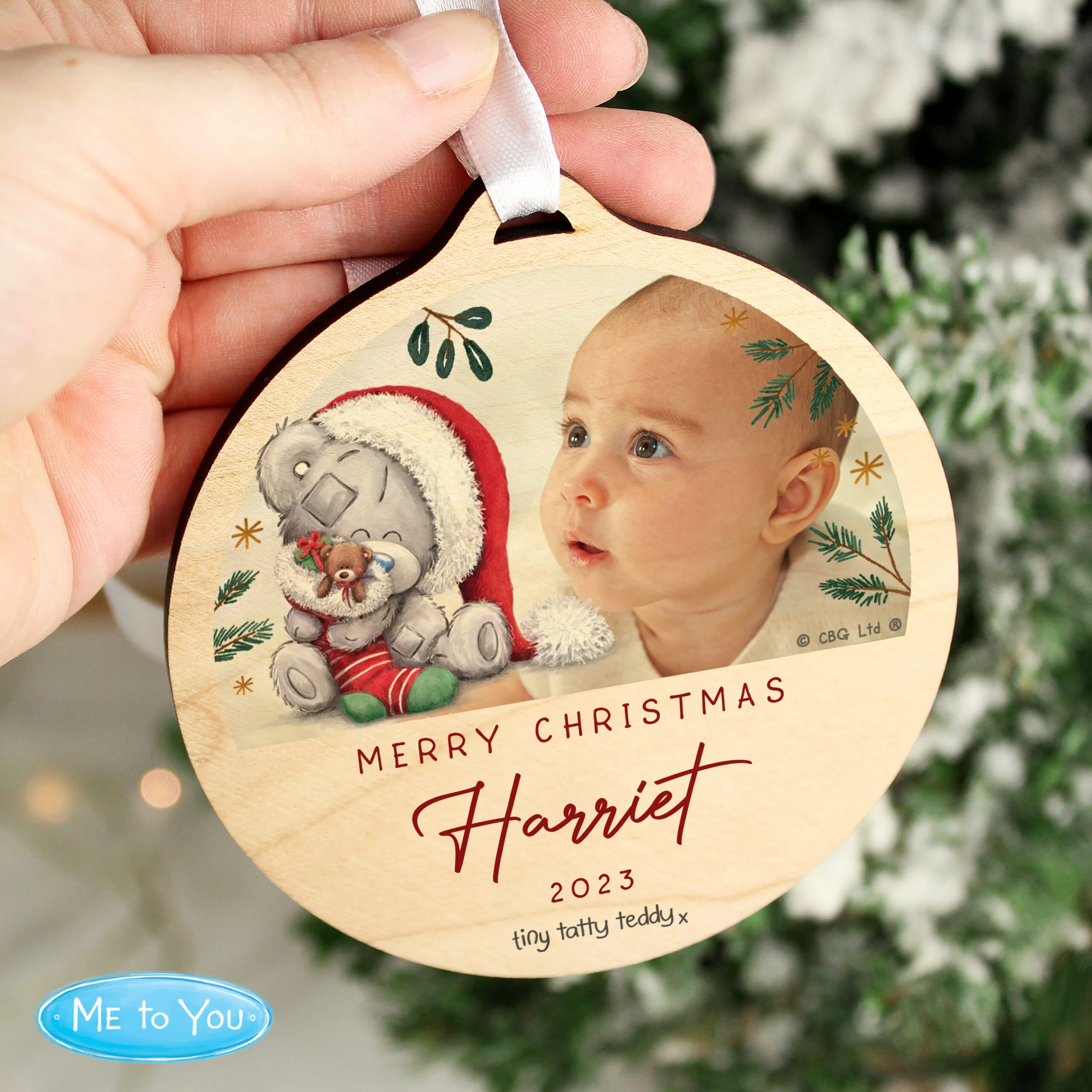 Personalised Tiny Tatty Teddy Photo Upload Round Wooden Christmas Decoration - Image 2