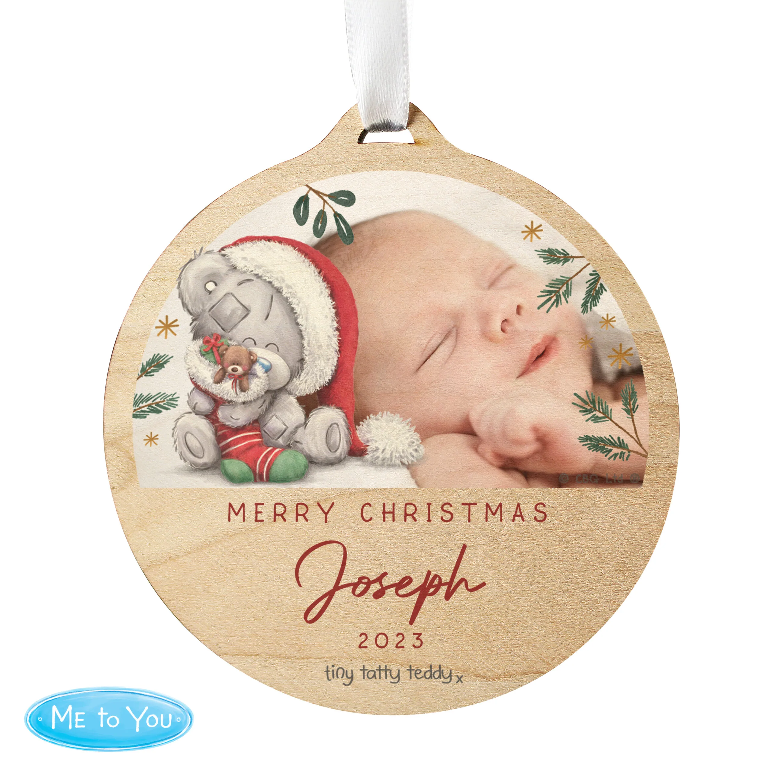 Personalised Tiny Tatty Teddy Photo Upload Round Wooden Christmas Decoration - Image 4