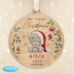 Personalised Tiny Tatty Teddy 'My First Christmas' Round Wooden Decoration