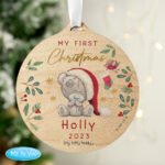 Personalised Tiny Tatty Teddy 'My First Christmas' Round Wooden Decoration - Image 3