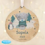 Personalised Tiny Tatty Teddy Winter Explorer Round Wooden Christmas Decoration
