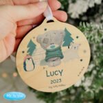 Personalised Tiny Tatty Teddy Winter Explorer Round Wooden Christmas Decoration - Image 2