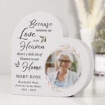 Personalised Botanical Design Memorial Photo Upload Free Standing Grey Wooden Heart Ornament