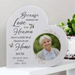 Personalised Botanical Design Memorial Photo Upload Free Standing Grey Wooden Heart Ornament - Image 2