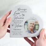 Personalised Botanical Design Memorial Photo Upload Free Standing Grey Wooden Heart Ornament - Image 4