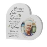 Personalised Botanical Design Memorial Photo Upload Free Standing Grey Wooden Heart Ornament - Image 5
