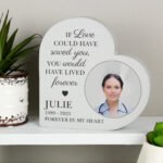 Personalised 'If Love Could Have Saved You' Memorial Photo Upload Free Standing Grey Wooden Heart Ornament - Image 3