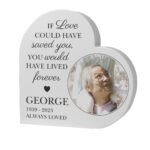 Personalised 'If Love Could Have Saved You' Memorial Photo Upload Free Standing Grey Wooden Heart Ornament - Image 5