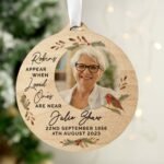 Personalised 'Robins Appear...' Photo Upload Memorial Round Wooden Decoration - Image 4